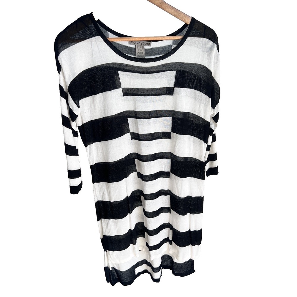 Sharon Young Womens Small Black White Striped Knit Tunic Top 3/4 Sleeve 4149K24